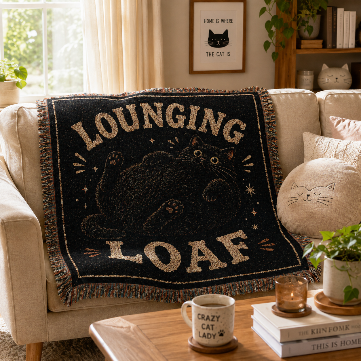 Lounging Loaf black cat woven blanket styled on a cozy living room sofa