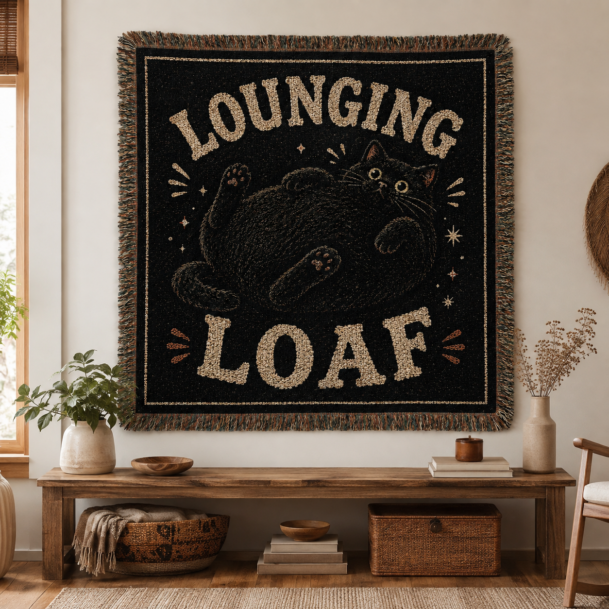 Lounging Loaf black cat woven tapestry displayed as cozy wall decor