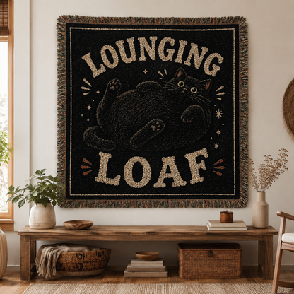 Lounging Loaf black cat woven tapestry displayed as cozy wall decor