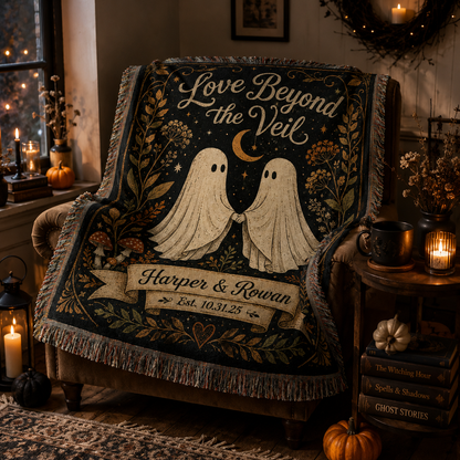 Love Beyond the Veil ghost couple woven blanket in a Halloween reading nook