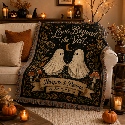 Personalized ghost couple woven blanket styled on a cozy Halloween sofa