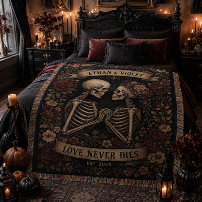 Custom skeleton couple Halloween woven blanket displayed across a gothic bedroom bed