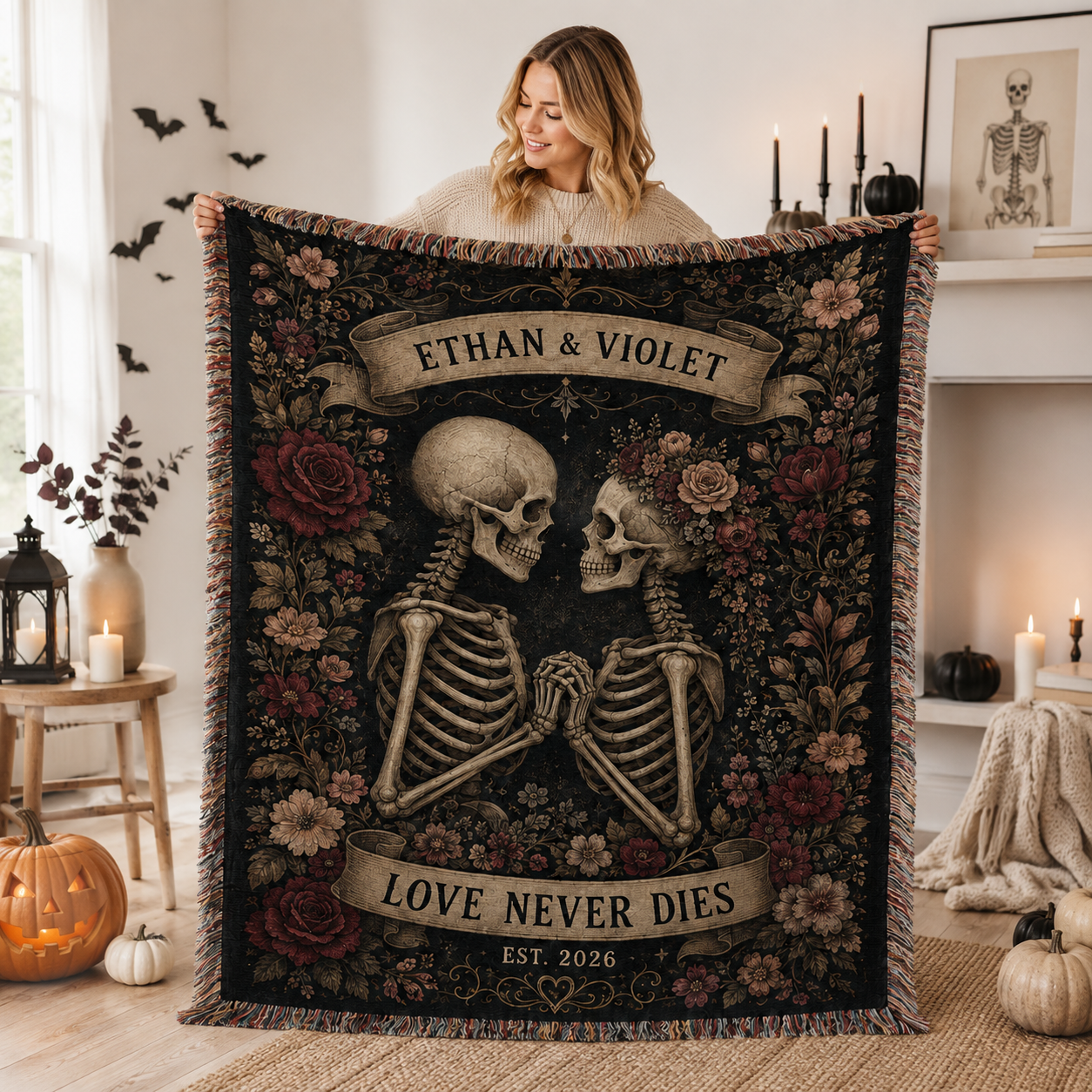 Woman displaying personalized Love Never Dies skeleton couple Halloween woven blanket