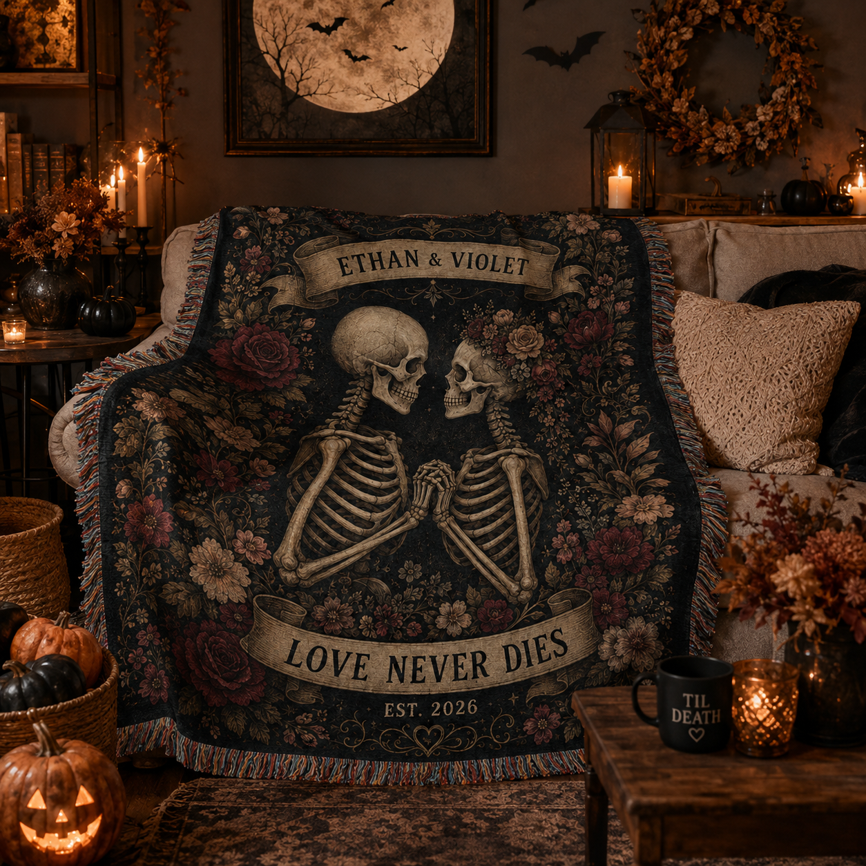 Personalized skeleton couple woven blanket styled in a cozy Halloween living room