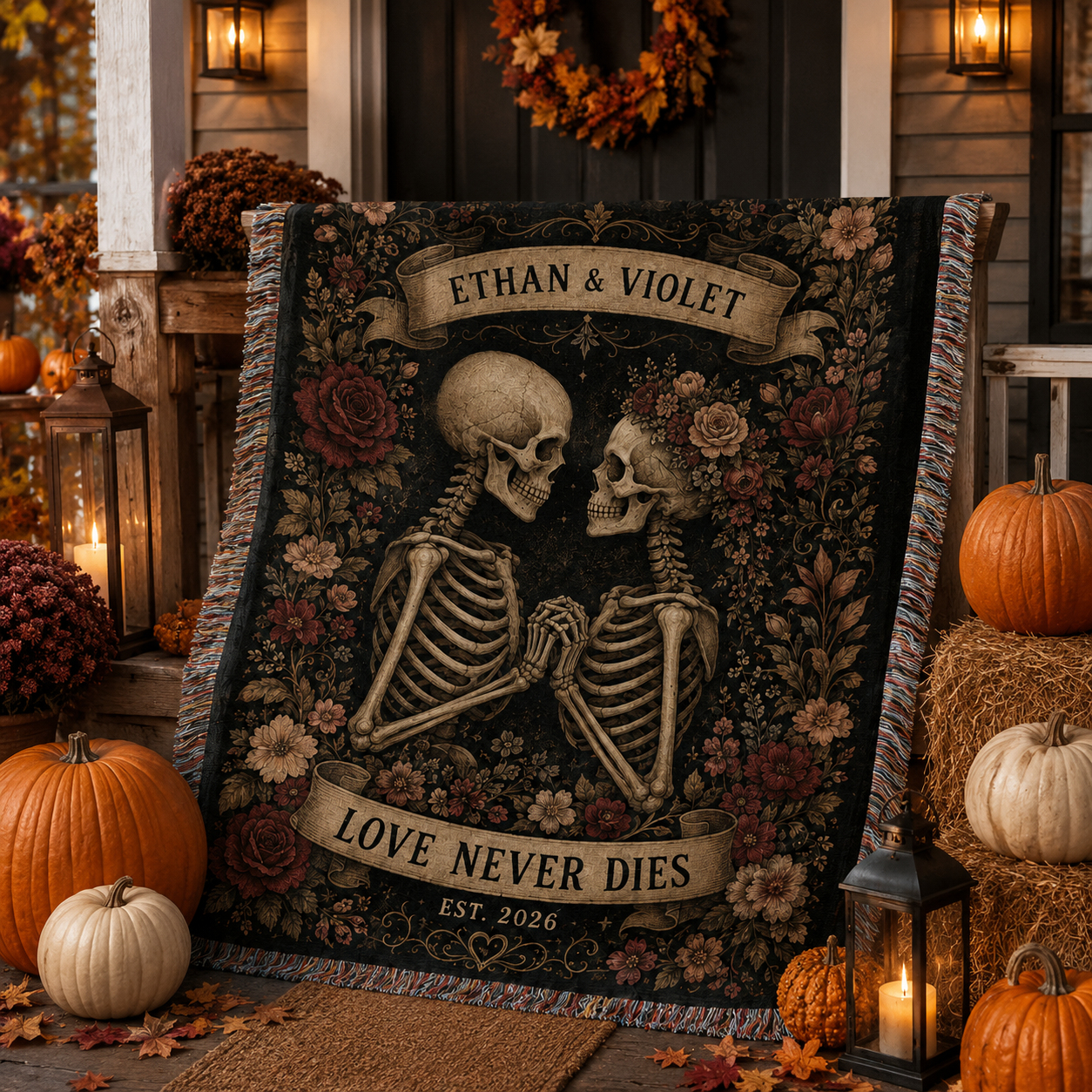 Personalized Love Never Dies skeleton woven blanket displayed on an autumn Halloween porch