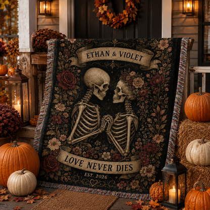 Personalized Love Never Dies skeleton woven blanket displayed on an autumn Halloween porch
