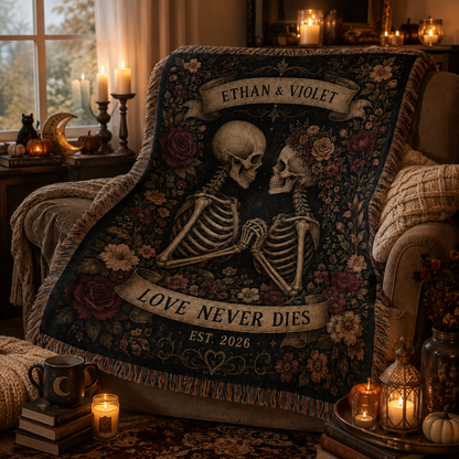 Custom names skeleton couple woven blanket styled in a candlelit Halloween reading nook