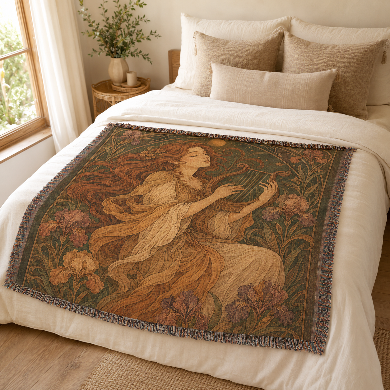 Woven tapestry blanket with a romantic lyre musician design styled across a neutral bedroom bed