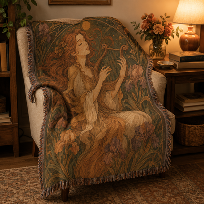 Romantic floral woven tapestry blanket with lyre musician artwork draped over a cozy reading chair