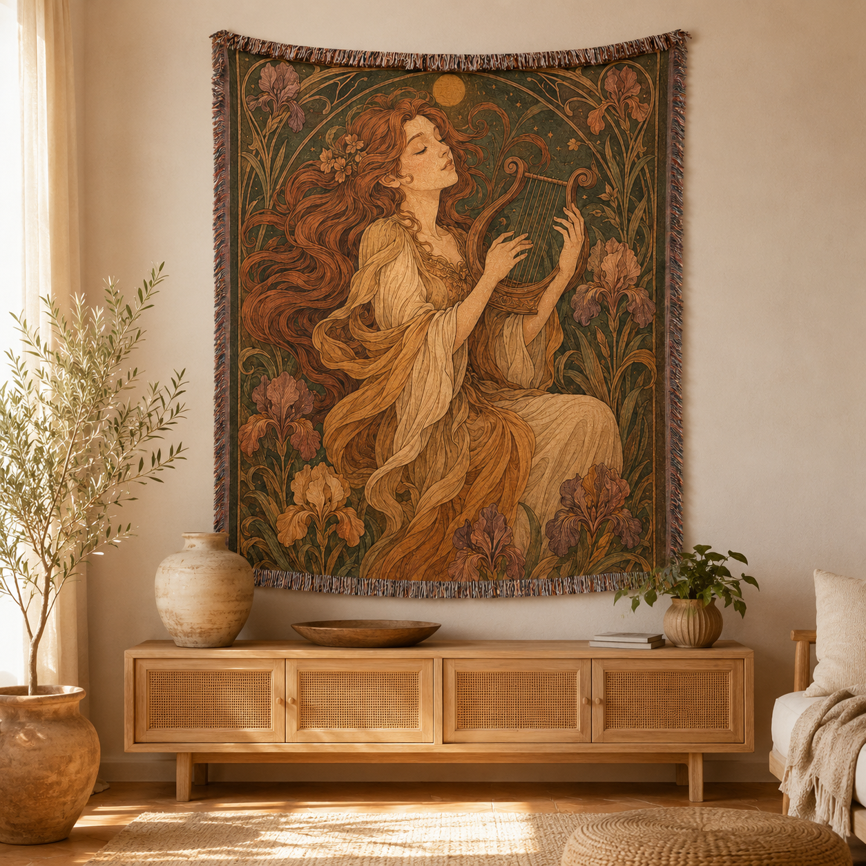 Art Nouveau inspired woven tapestry with floral musician artwork displayed as statement wall decor