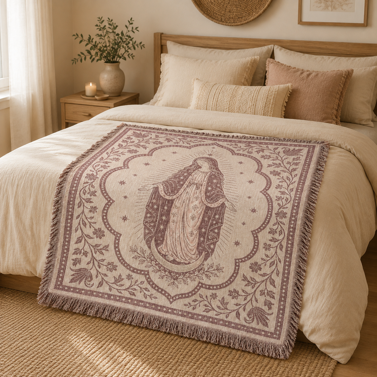 Marian devotion woven blanket styled across a warm boho bedroom