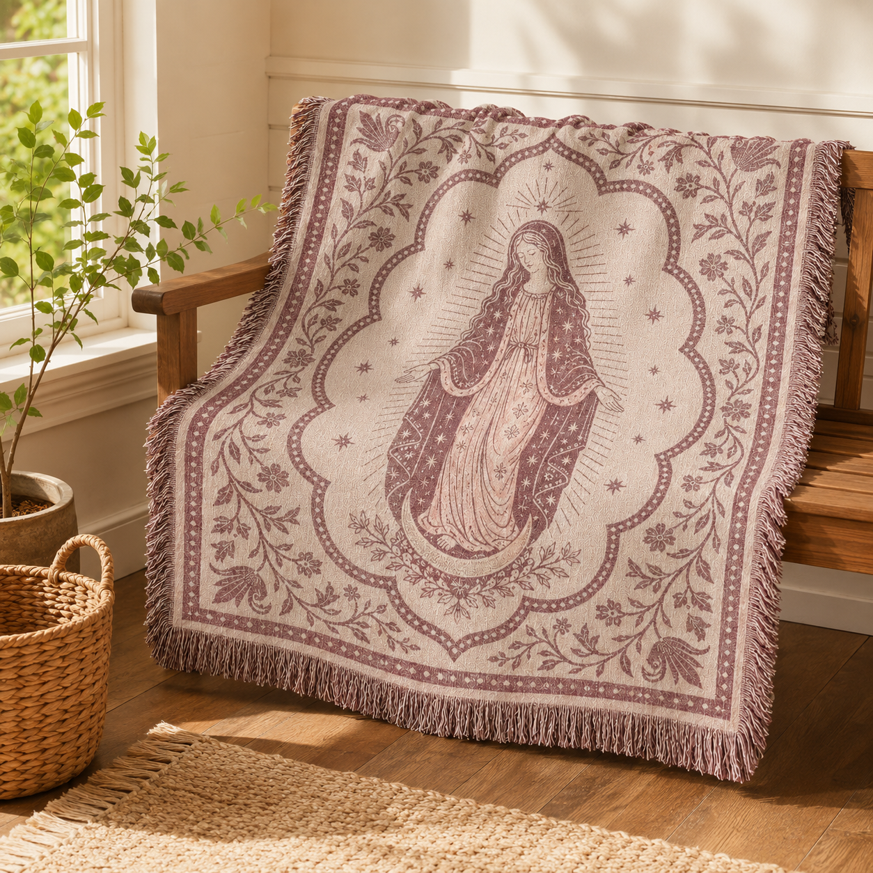 Marian devotion woven blanket styled on a sunlit wooden bench