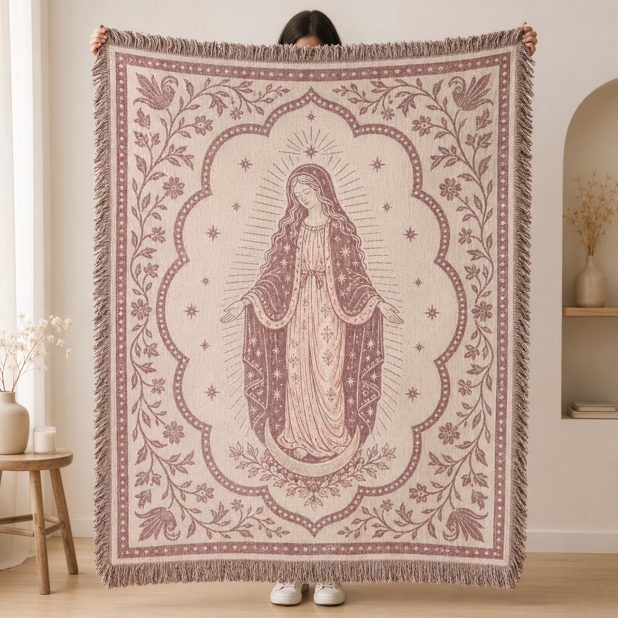 Marian devotion woven blanket shown full front with floral border and fringe