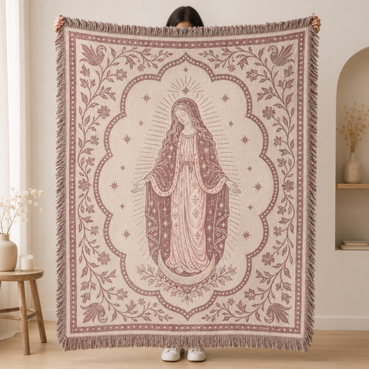 Marian devotion woven blanket shown full front with floral border and fringe