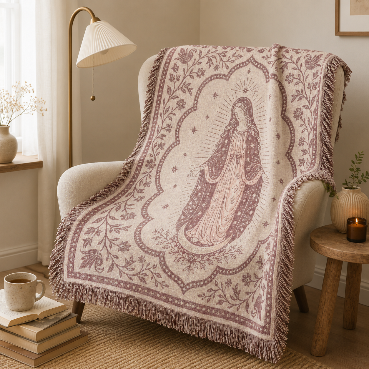 Marian devotion woven blanket displayed in a peaceful reading nook