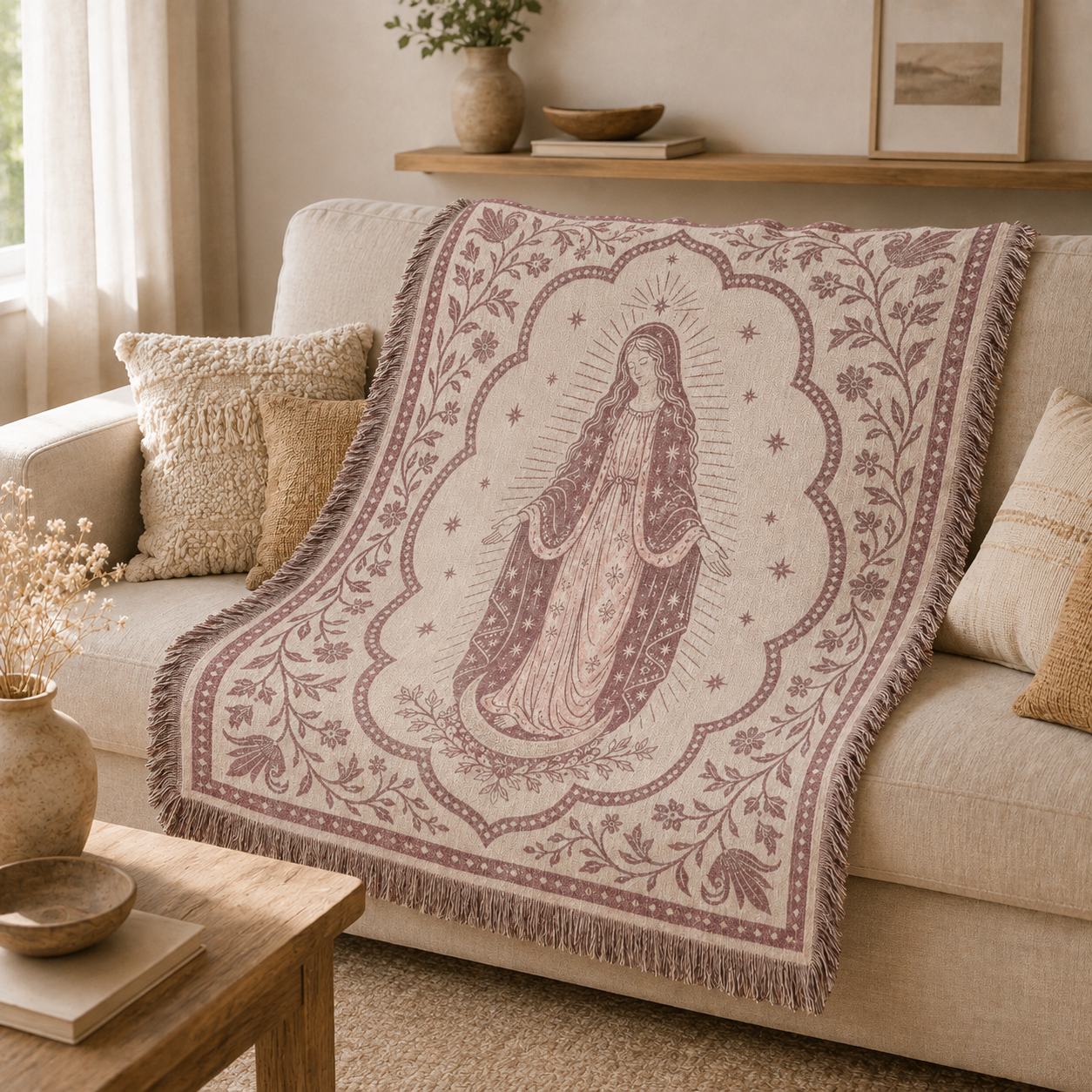Marian devotion woven blanket draped over a warm neutral sofa