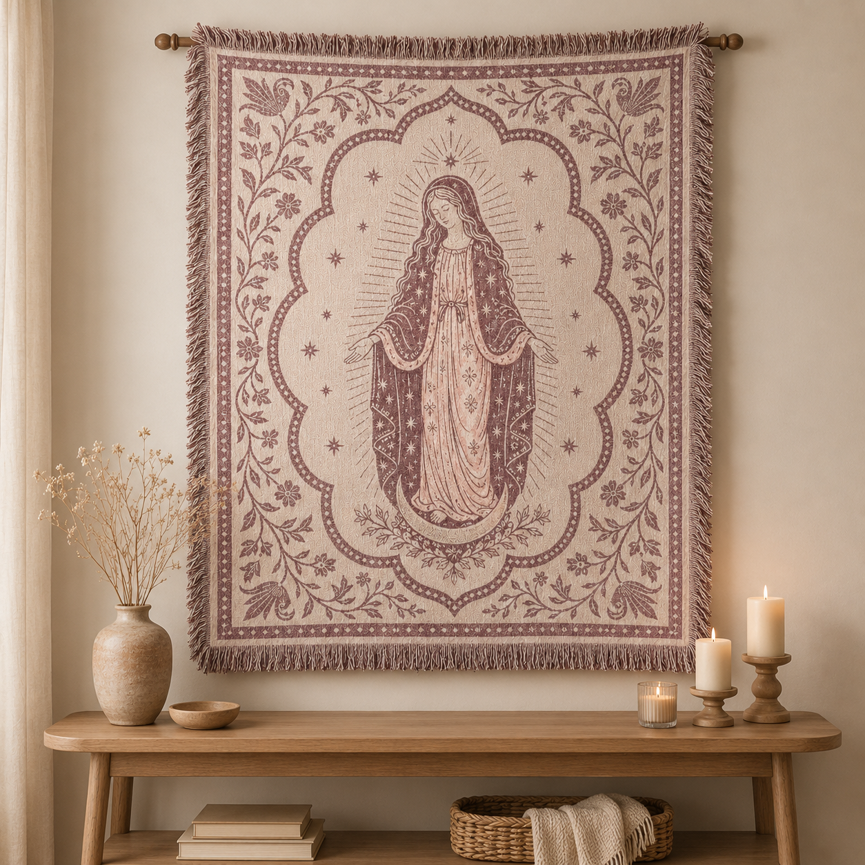 Marian devotion woven blanket displayed as religious textile wall art