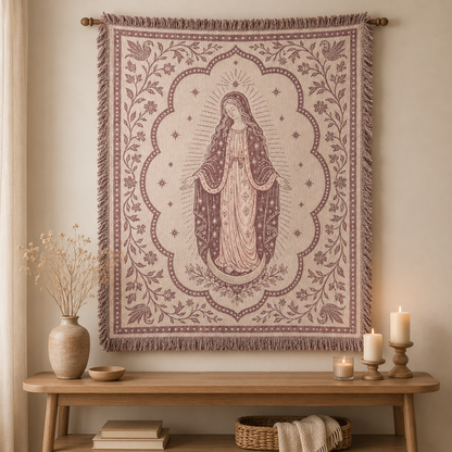 Marian devotion woven blanket displayed as religious textile wall art
