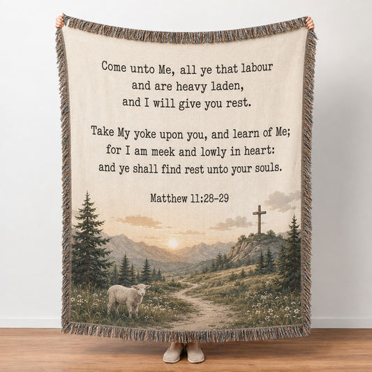 Matthew 11:28-29 Christian woven blanket with lamb, mountain path and cross