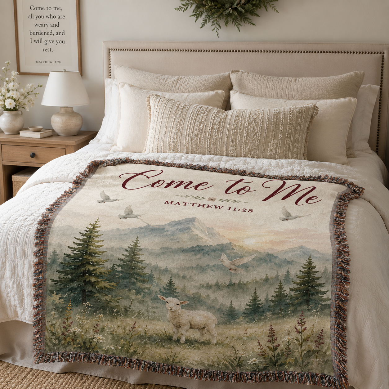Matthew 11:28 Christian woven blanket styled across a warm neutral bedroom