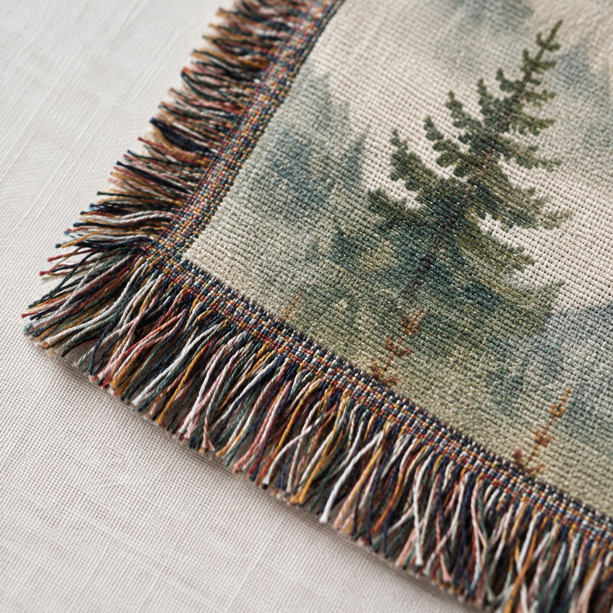 Macro close-up of woven yarn texture and multicolor fringe on Matthew 11:28 Christian blanket
