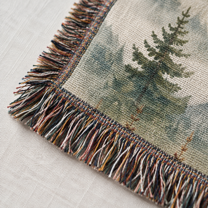 Macro close-up of woven yarn texture and multicolor fringe on Matthew 11:28 Christian blanket