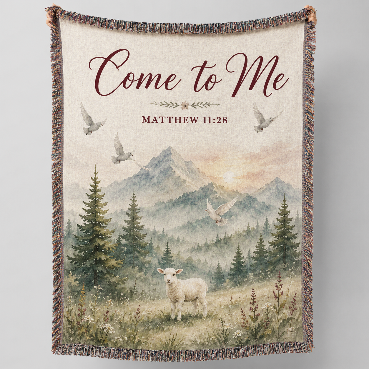 Matthew 11:28 Come to Me Christian woven blanket with lamb, mountains, doves and multicolor fringe
