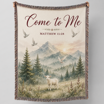 Matthew 11:28 Come to Me Christian woven blanket with lamb, mountains, doves and multicolor fringe