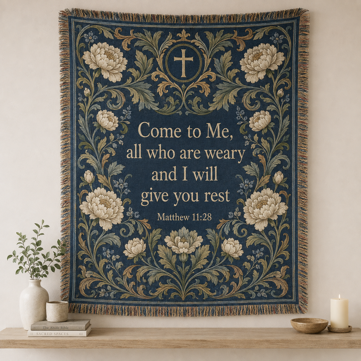 Matthew 11:28 Come to Me Christian woven blanket with navy floral design and cross