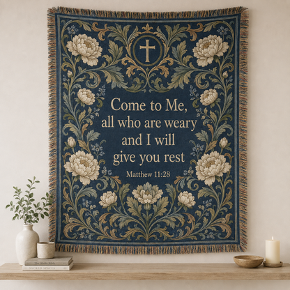 Matthew 11:28 Come to Me Christian woven blanket with navy floral design and cross