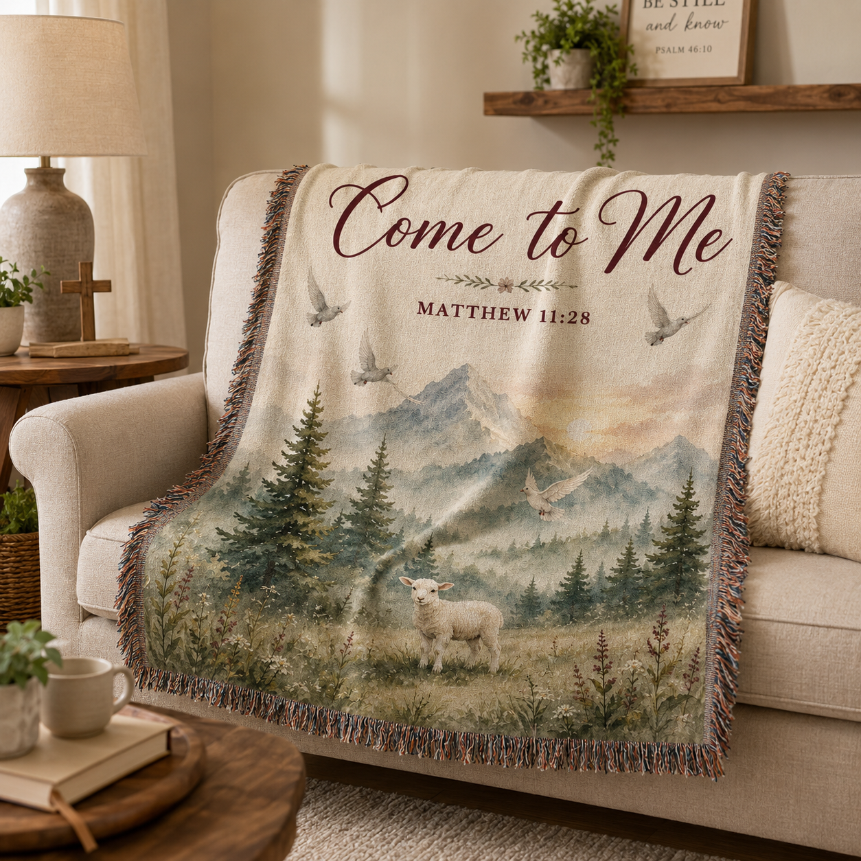 Come to Me Matthew 11:28 woven blanket softly draped on a neutral sofa