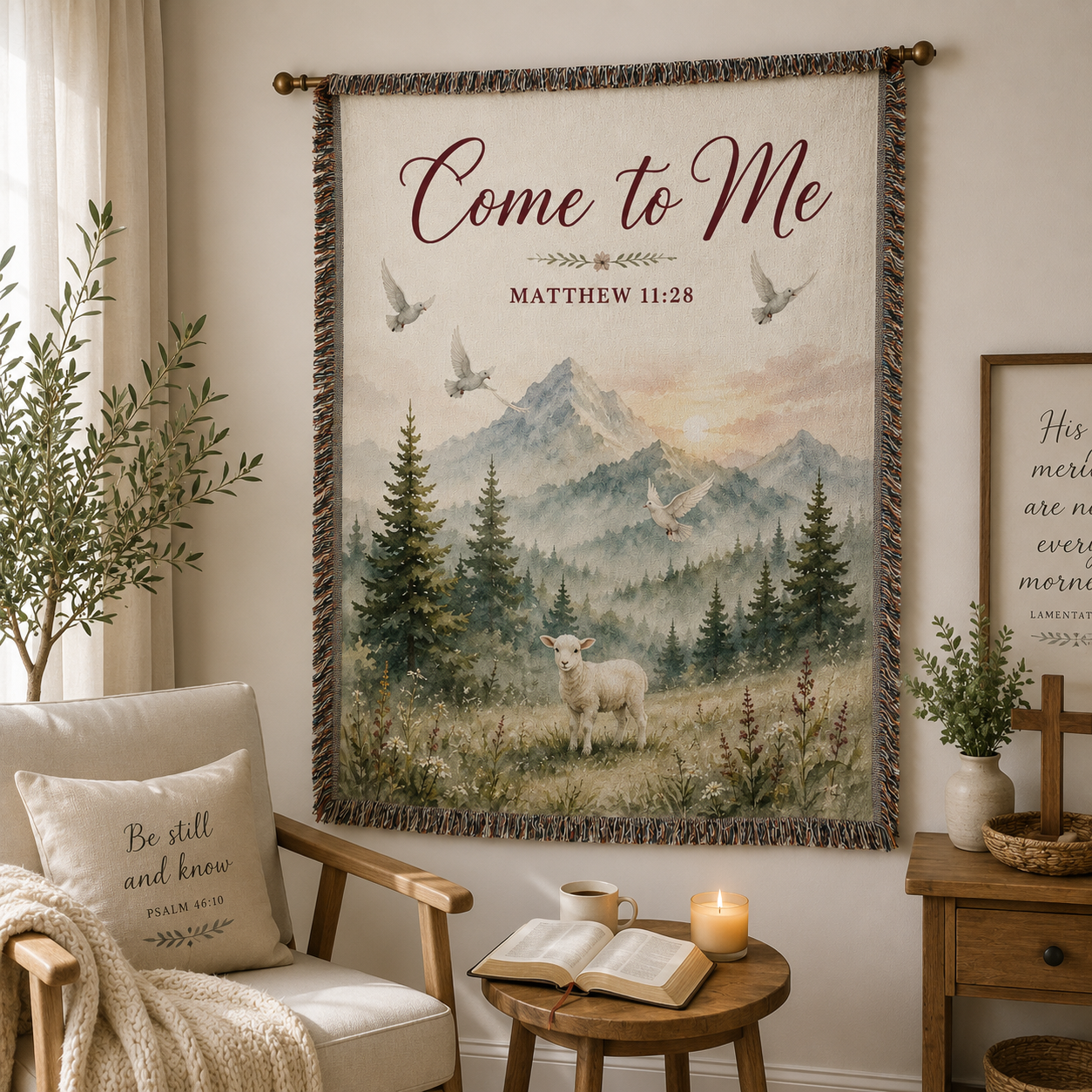 Come to Me Matthew 11:28 Christian woven blanket displayed as wall tapestry decor