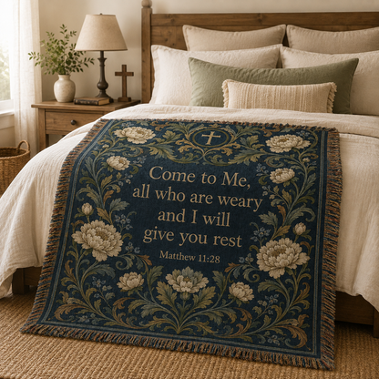 Come to Me Matthew 11:28 woven blanket styled across a cozy bed