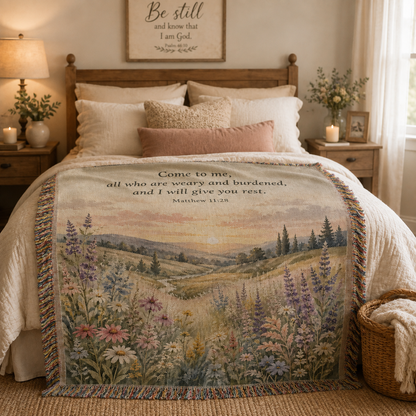 Matthew 11:28 Christian woven blanket styled across a cozy bed
