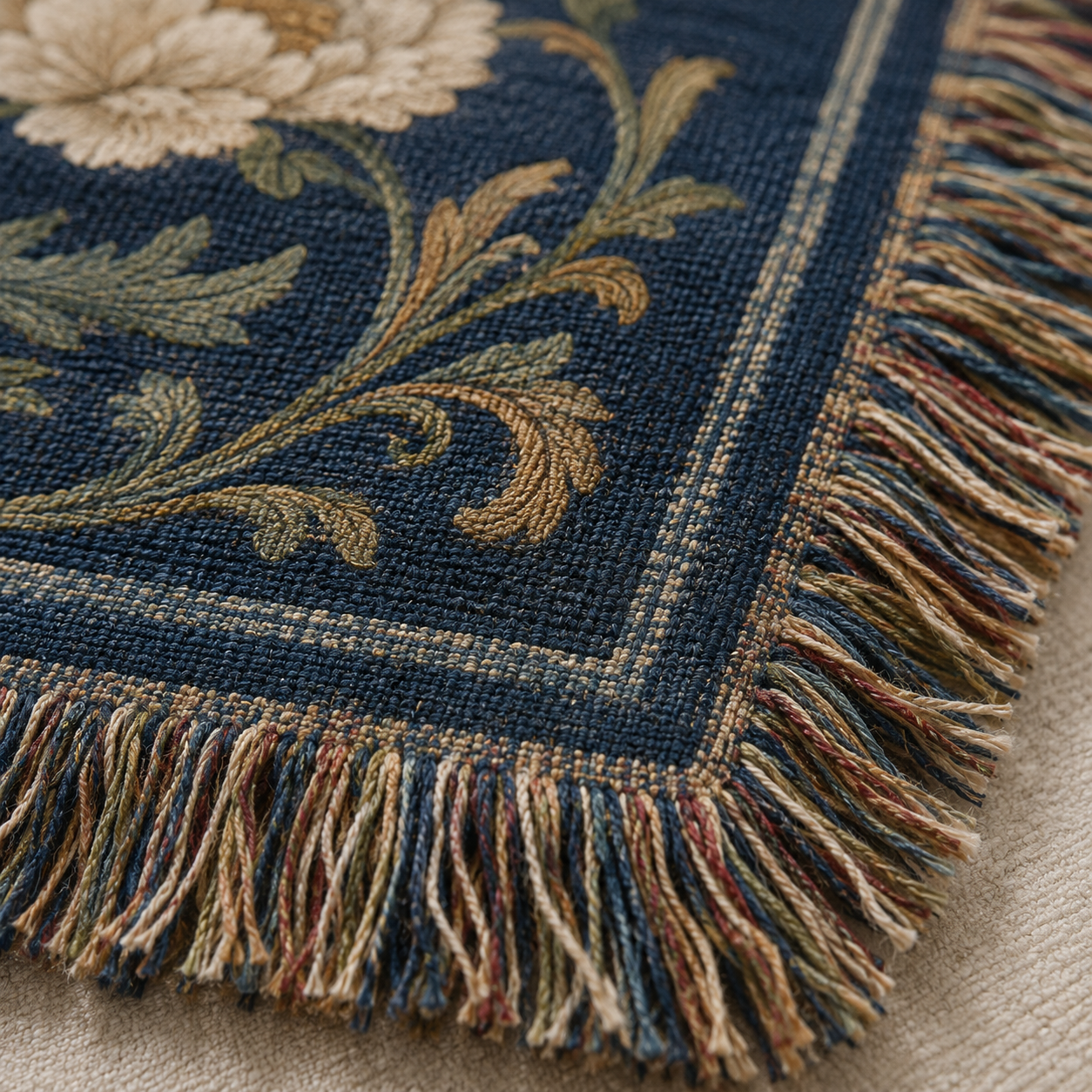 Macro close-up of woven yarn texture and multicolor fringe on Matthew 11:28 blanket