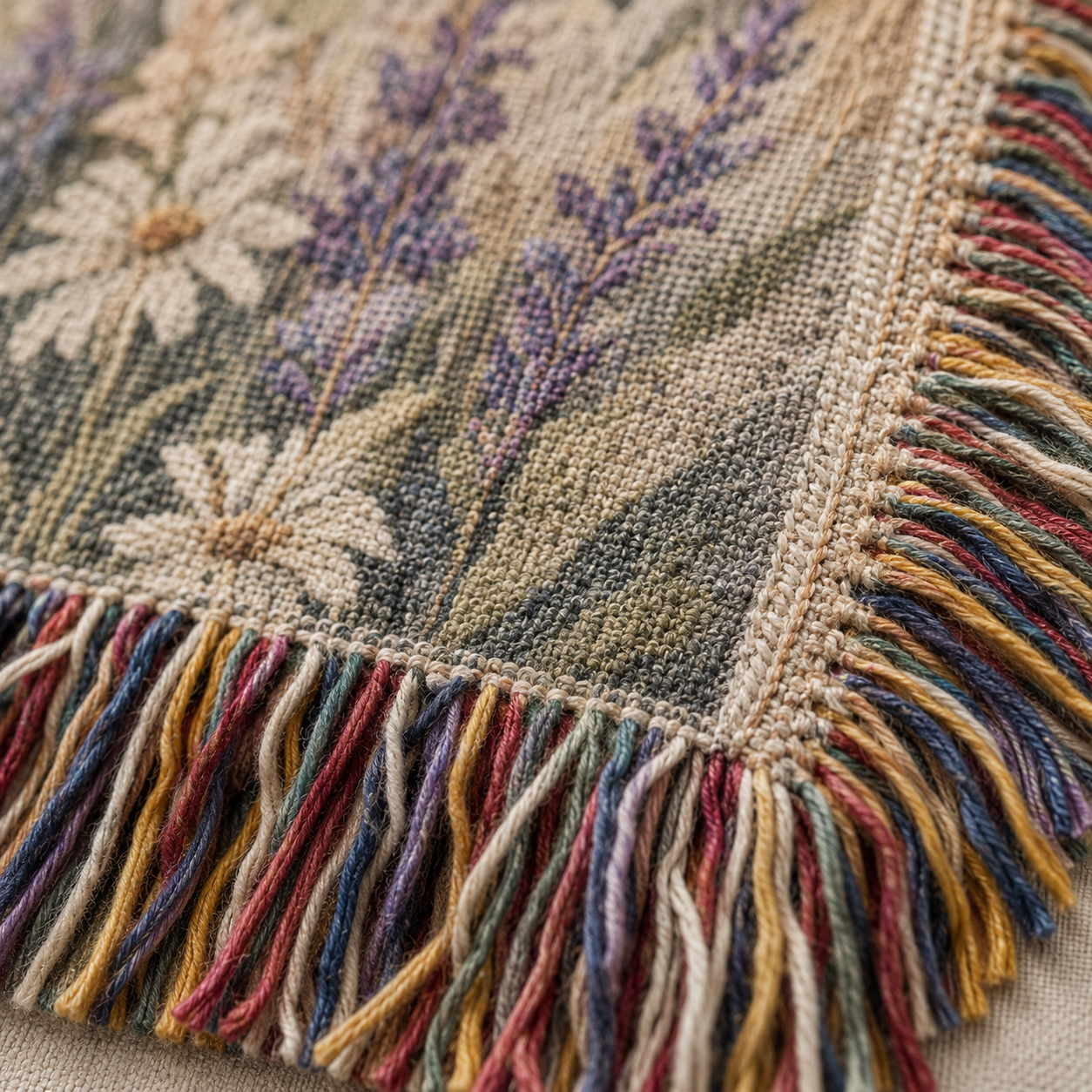 Macro close-up of woven yarn texture and multicolor fringe on Christian blanket