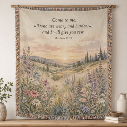 Matthew 11:28 Christian woven blanket with wildflower meadow and multicolor fringe