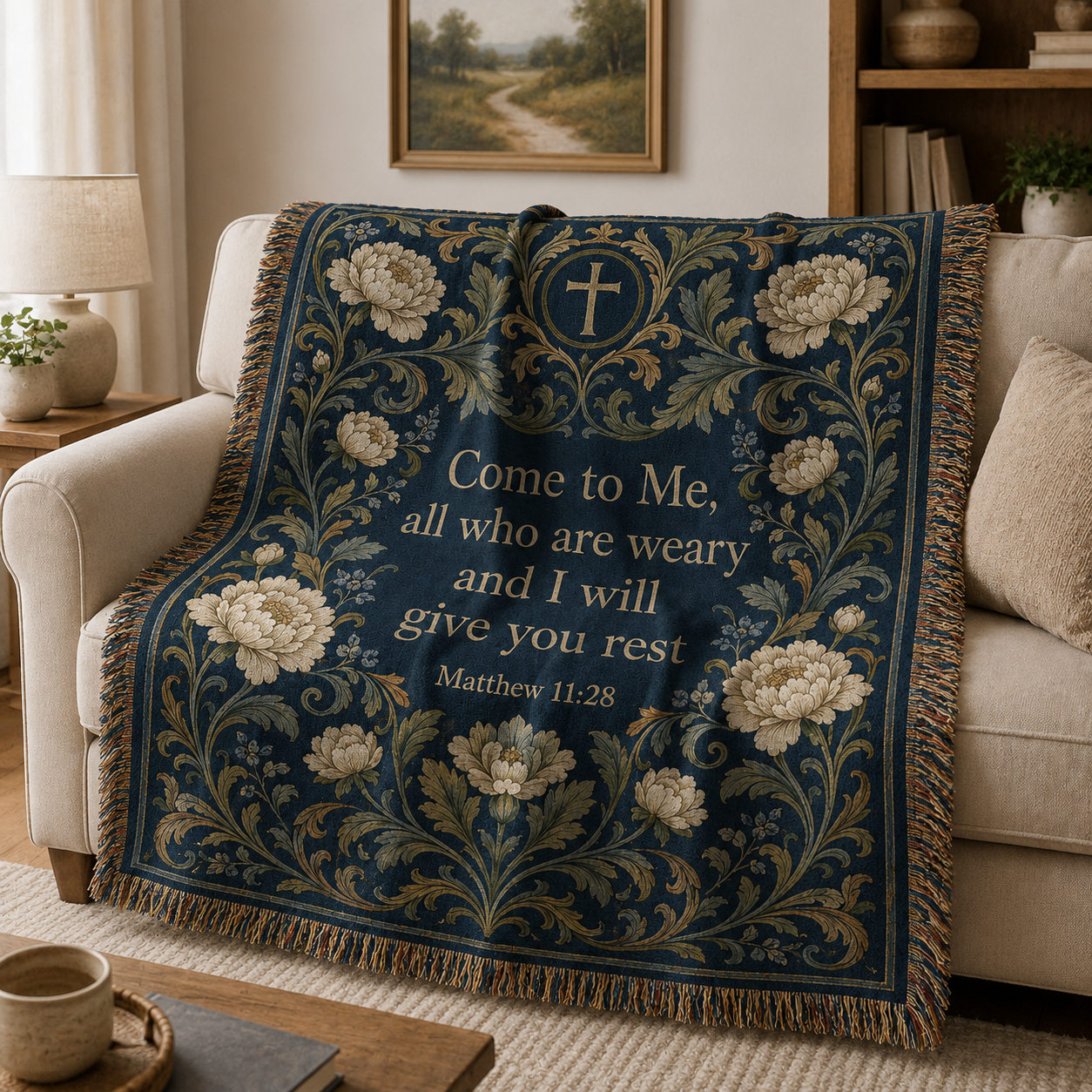 Matthew 11:28 Christian woven blanket softly draped over a neutral sofa