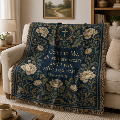 Matthew 11:28 Christian woven blanket softly draped over a neutral sofa
