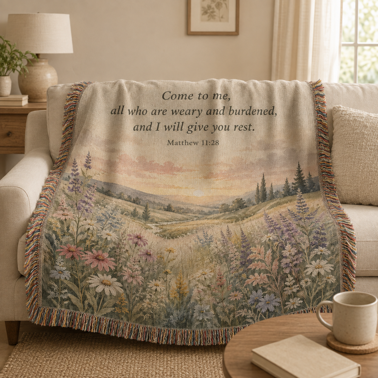 Matthew 11:28 woven blanket softly draped over a neutral sofa