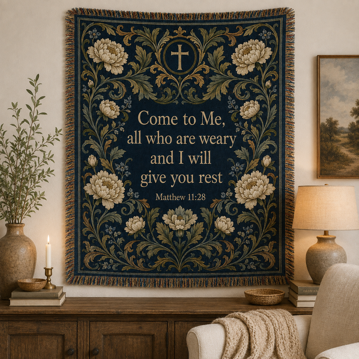 Matthew 11:28 Come to Me woven blanket displayed as Christian wall decor