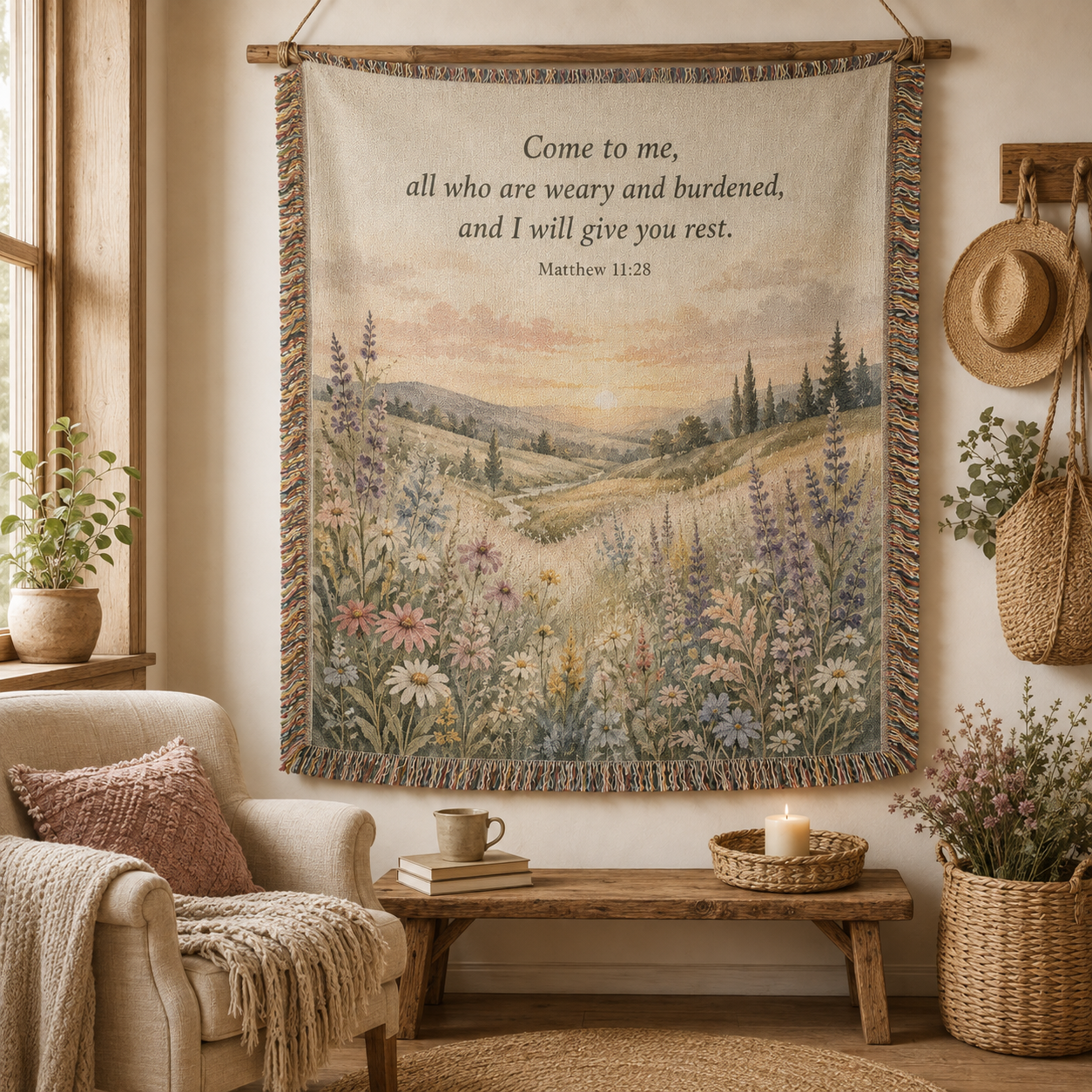 Matthew 11:28 woven blanket displayed as Christian wall decor