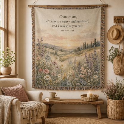 Matthew 11:28 woven blanket displayed as Christian wall decor