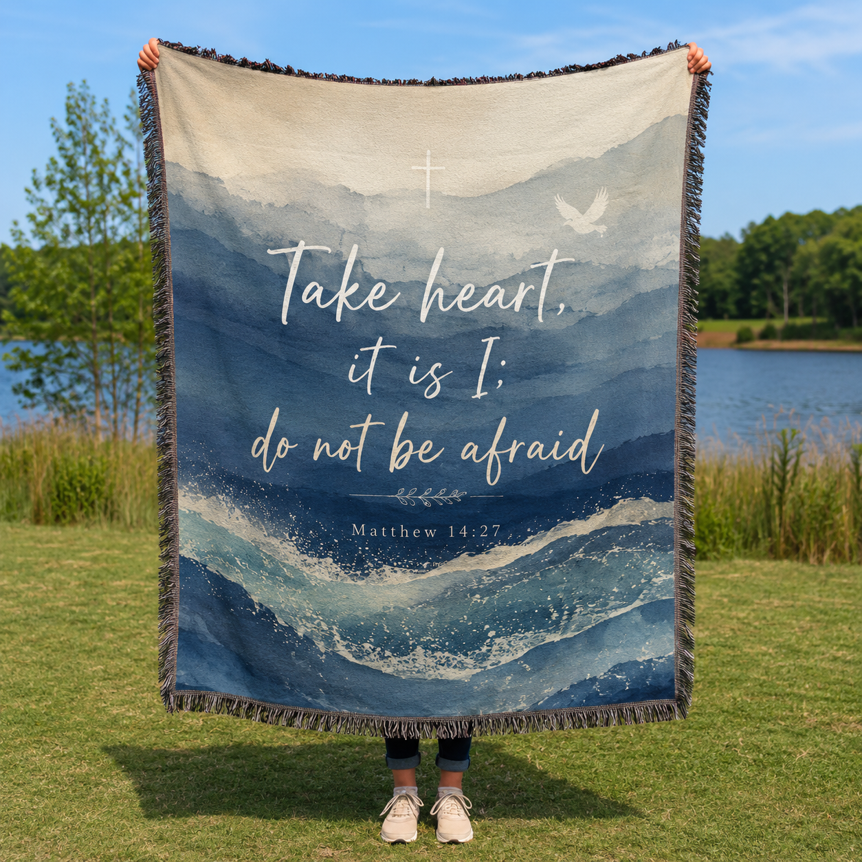 Matthew 14:27 Take Heart Christian woven blanket main product image