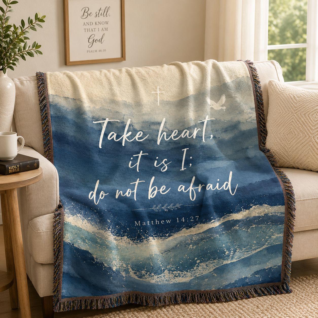 Matthew 14:27 Christian woven blanket softly draped over a neutral sofa