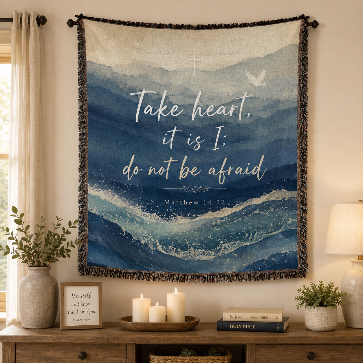 Matthew 14:27 Take Heart woven blanket displayed as Christian wall decor