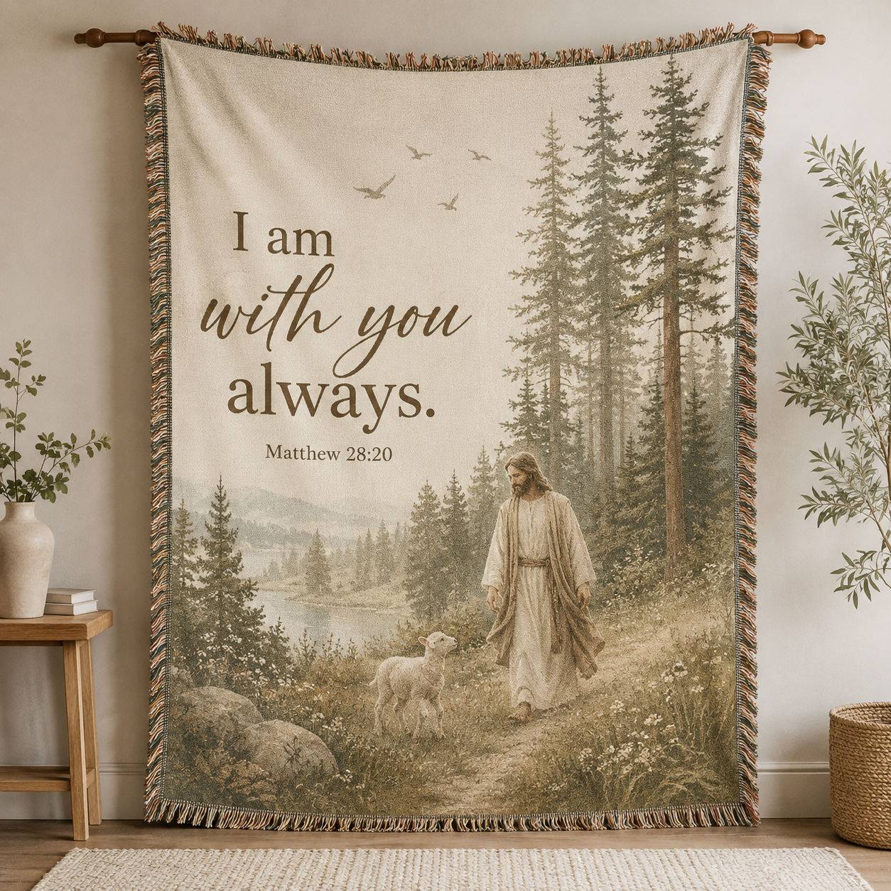 Matthew 28:20 I Am With You Always Christian woven blanket with Jesus, lamb and forest landscape