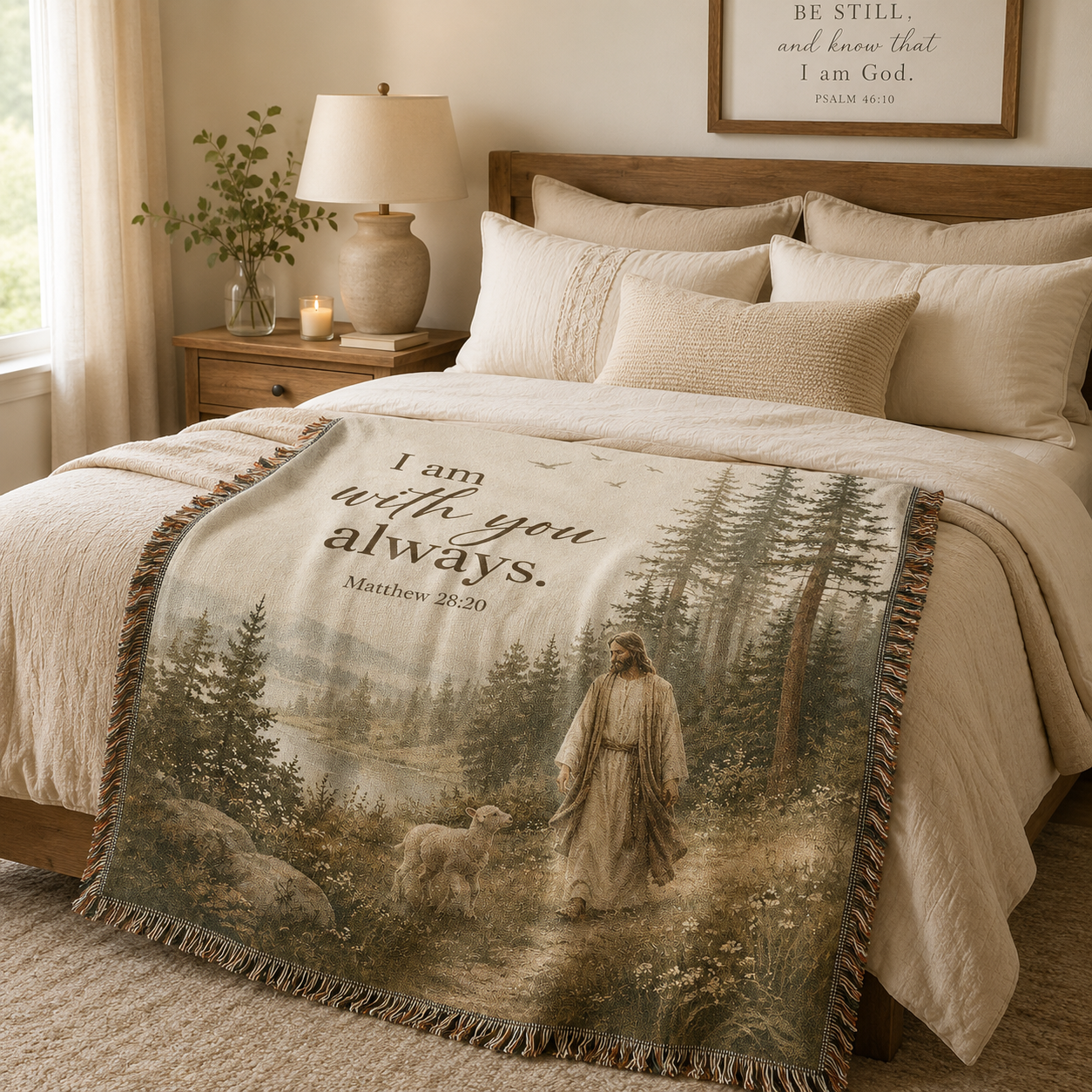 I Am With You Always Matthew 28:20 woven blanket styled across a cozy bed
