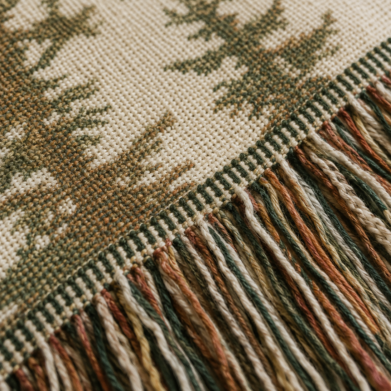 Macro close-up of woven yarn texture and multicolor fringe on Matthew 28:20 blanket