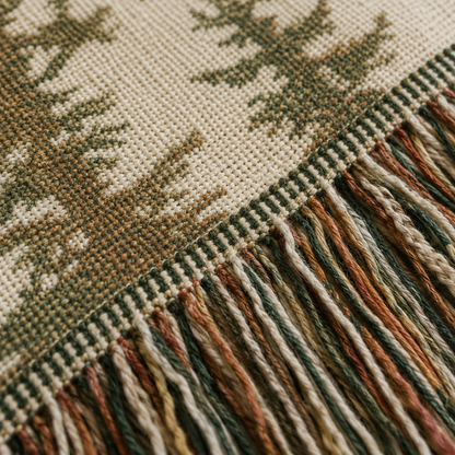 Macro close-up of woven yarn texture and multicolor fringe on Matthew 28:20 blanket